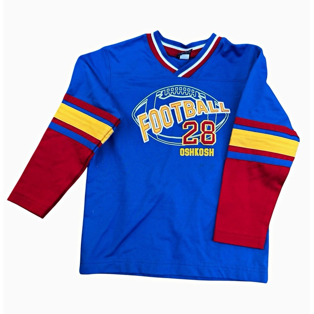 Y2K OshKosh Boys Football Graphic Jersey T-Shirt Blue Long Sleeve V-Neck Size 5